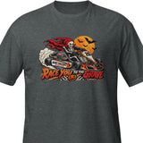Race You to the Grave Halloween t-shirt — Dark Heather, close-up with collar