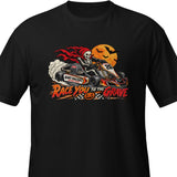 Race You to the Grave Halloween t-shirt — black, close-up with collar