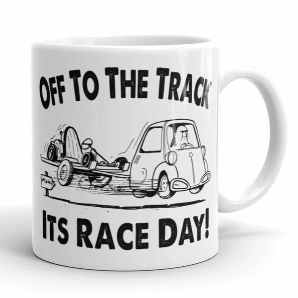 Vintage Karting "Off to the Track" Cartoon Coffee Mug